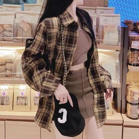 チェックシャツ トップス オーバーサイズ チェック柄 シャツ ルーズ ゆったり 長袖 レトロ 大人可愛い ガーリー カジュアル ストリート女子 DTCA-712741662053