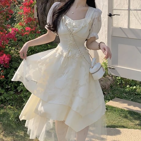 イレギュラーヘム ワンピース 半袖 スクエアネック パフスリーブ 編み上げ シフォン フリル ハイウエスト 不規則デザイン 大人可愛い ガーリー フェミニン DTCA-783499649875