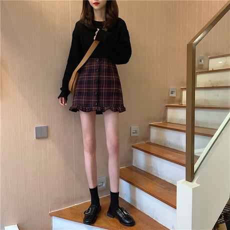 チェック柄 ミニスカート 裾フリル フロントボタン ショート Aライン ハイウエスト 韓国ファッション レディース スカート 大人可愛い ガーリー フェミニン DTC-652966930448