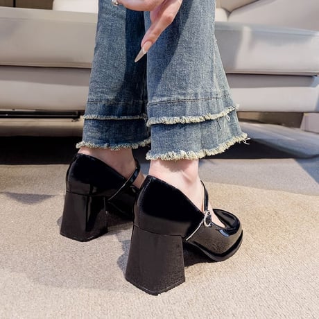 メリージェーンパンプス 22.0～24.5cm パテントレザー チャンキーヒール 太ヒール 7.5cm パンプス ラウンドトゥ 韓国ファッション レディース DTCA-821831991229