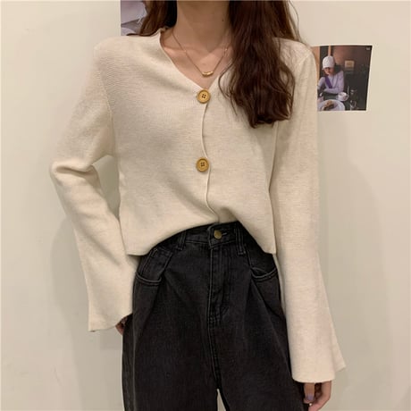 ニット カーディガン 袖広 トラペットスリーブ 韓国ファッション レディース Vネック アウター ルーズ シングルブレスト 長袖 ゆったり 大人可愛い ガーリー DTC-628213608959