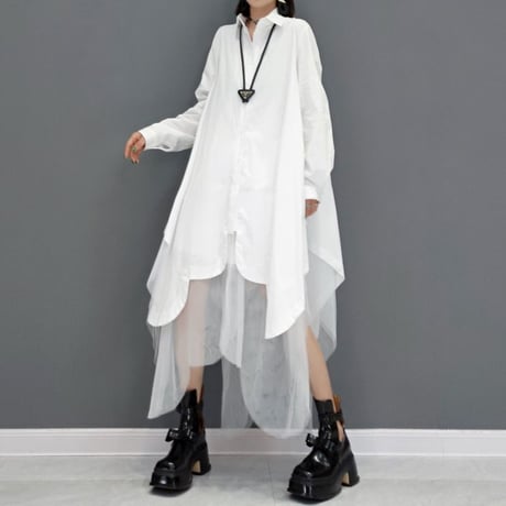 ロングシャツ シャツワンピース チュール シャツ ワンピース アシンメトリー ルーズ 長袖 レトロ 韓国ファッション レディース 大人可愛い ガーリー DTC-653970172988