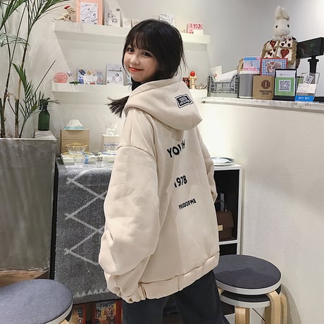ジップアップ パーカー スウェット 韓国ファッション レディース バックプリント 英字 オーバーサイズ 秋 冬 大人カジュアル (DTC-561821959124)