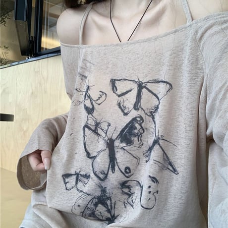 Tシャツ 長袖 薄手 オフショルダー バタフライプリント 肌見せ トップス ルーズ ゆったり カジュアル レトロ 韓国ファッション レディース 大人可愛い ガーリー DTC-737314333337