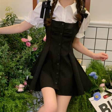 セットアップ クロップド丈 ブラウス ワンピース ジャンパースカート 半袖 パフスリーブ ハイウエスト レトロ 韓国ファッション レディース 大人可愛い ガーリー DTC-673400101426