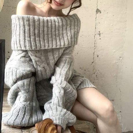 ニット ケーブル編み オフショルダー プルオーバー セーター ルーズ トップス 秋 冬 長袖 レトロ 韓国ファッション レディース 大人可愛い ガーリー DTC-844298101000