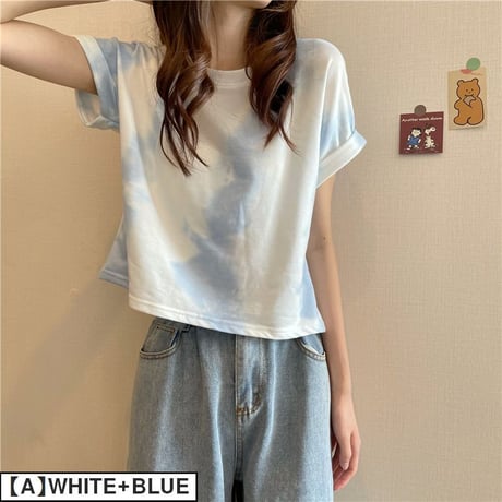 タイダイ柄 Tシャツ 薄手 半袖 トップス ショート丈 へそ出し 絞り染め レトロ 韓国ファッション レディース 大人可愛い ガーリー カジュアル DTC-646133929852