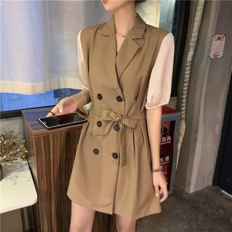 ワンピース トレンチ風 フェイクレイヤード 韓国ファッション レディース Aライン ダブルブレスト シンプル ガーリー フェミニン DTC-616848359436