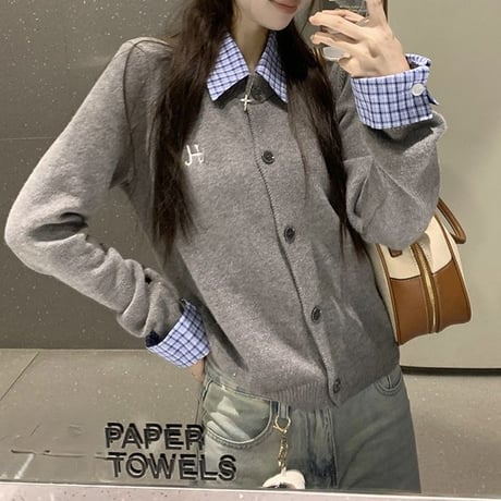 フェイクレイヤード ニット トップス チェック柄 刺繍ロゴ トップス 長袖 レトロ 韓国ファッション レディース 大人可愛い ガーリー DTCA-833712372783