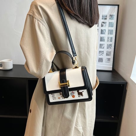 2wayバッグ スクエアバッグ ショルダーバッグ ハンドバッグ ミニバッグ バイカラー 猫 刺繍 マグネットバックル バッグ レトロ 韓国ファッション レディース DTC-679449481712