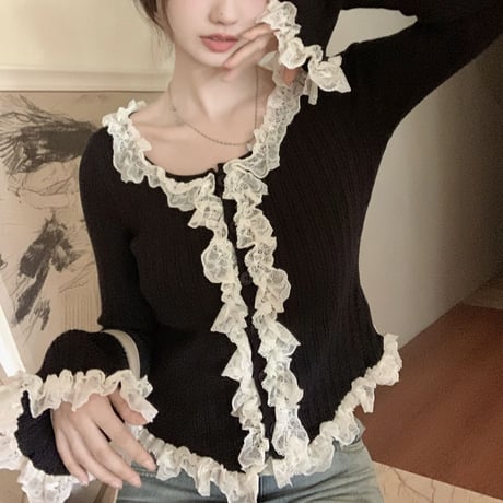 フリルカーディガン レースフリル スリムフィット カーディガン ニット トップス 長袖 レトロ 韓国ファッション レディース 大人可愛い ガーリー フェミニン DTC-743744510900