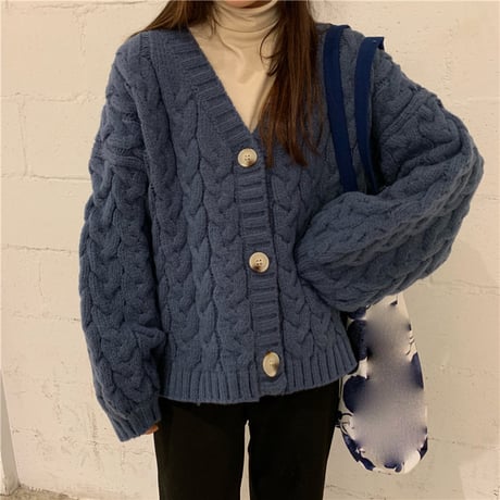 ニット カーディガン ケーブル編み ボリューム袖 保温 韓国ファッション レディース Vネック ランタンスリーブ ルーズ ゆったり 厚い 大人可愛い ガーリー DTC-629008800608