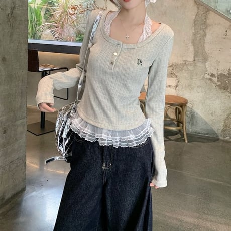 ニット レース ドッキング ヘンリーネック トップス Tシャツ フェイクレイヤード スリムフィット スクエアネック レトロ 韓国ファッション 大人可愛い ガーリー DTC-878983680406