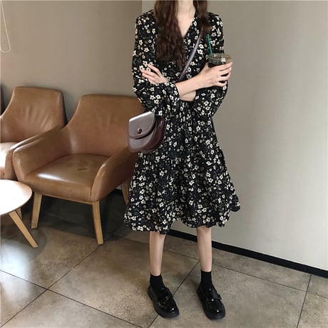 花柄 ワンピース ミニ丈 ミディ丈 ひざ丈 長袖 韓国ファッション レディース Vネック フラワープリント ハイウエスト レトロ (DTC-606080493345)