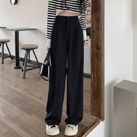 ワイドパンツ ストレートパンツ パンツ タック スラックス ハイウエスト シンプル レトロ 韓国ファッション レディース 大人可愛い ガーリー DTC-666705107446