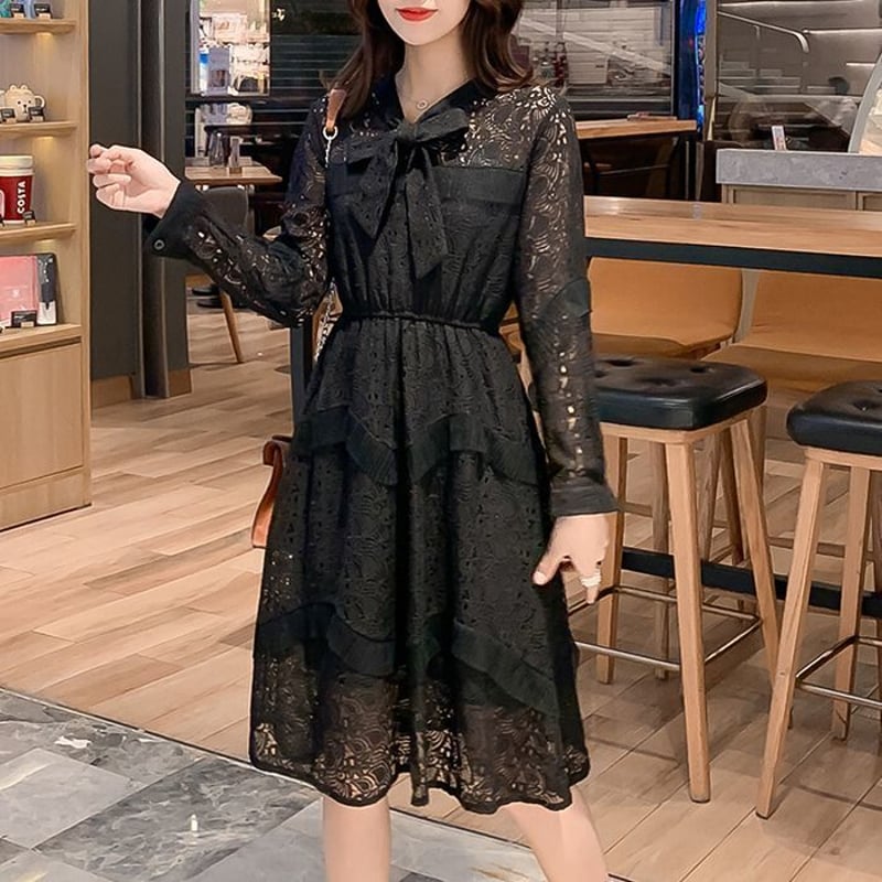 レディース ワンピース ボウタイ レース 総レース レースワンピース