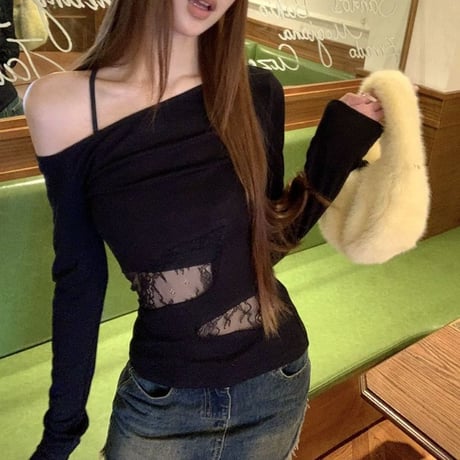 レース切替え オフショルダー ロンT スリムフィット トップス Tシャツ オフショル 長袖 レトロ 大人可愛い ガーリー DTCA-840082839514