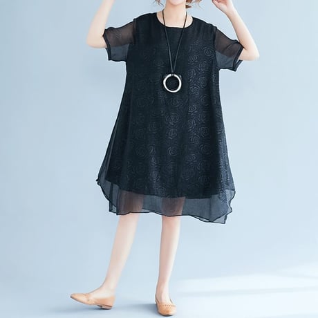 レディース シフォン レースワンピース ミモレ丈 レース マタニティ ミモレ丈 半袖 ゆったり ガーリー 韓国ファッション (DCT-567366180836)
