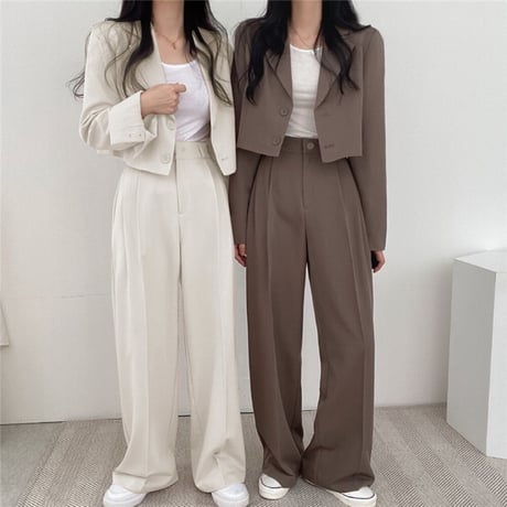 セットアップ 2点セット ショートジャケット ワイドパンツ ショート丈 テーラードジャケット タックパンツ パンツスーツ 長袖 レトロ 大人可愛い DTCA-740940979194