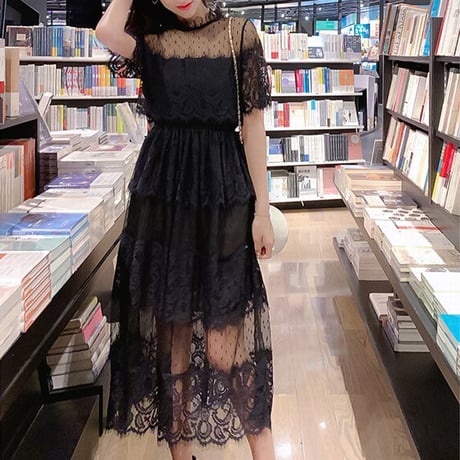総レース シフォンワンピース ハイウエスト ラウンドネック レースワンピース フェミニン 韓国ファッション レディース 大人可愛い ガーリー DCT-593815603770
