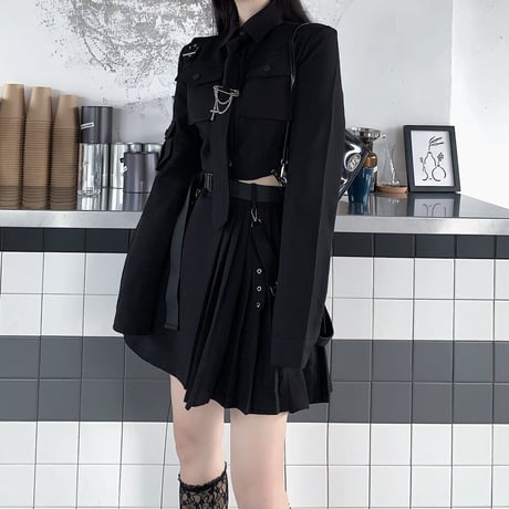 セットアップ ミリタリー風 ショートシャツ プリーツ ミニスカート ネクタイ ベルト 長袖 ハイウエスト レトロ 韓国ファッション レディース ゴシック モード系 DTC-651778269970