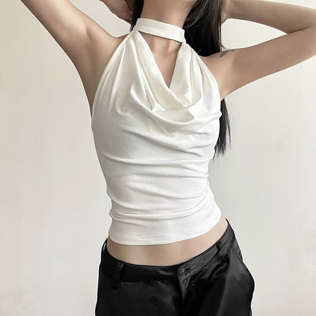 オープンバック ノースリーブ トップス ホルターネック タンクトップ バックオープン バックレス 背中開き tシャツ スリムフィット レトロ 大人可愛い ガーリー DTCA-888244191236