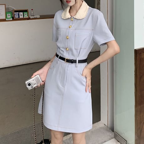 フリル襟 ワンピース ミニ丈 ウエストマーク ハイウエスト 半袖 ミニワンピース レトロ 韓国ファッション レディース 大人可愛い ガーリー DTC-709128227564