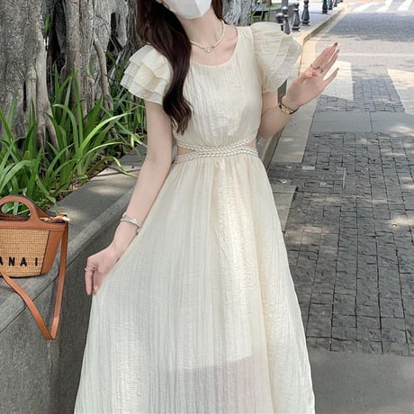 背中開き ワンピース バックオープン フライングスリーブ ロング丈 ウエスト開き Aライン ハイウエスト レトロ 大人可愛い ガーリー 韓国ファッション レディース DTC-724421380320