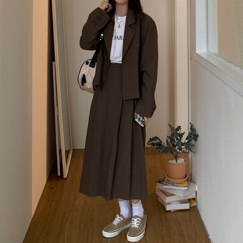 セットアップ ジャケット プリーツスカート ブラウン ロングスカート