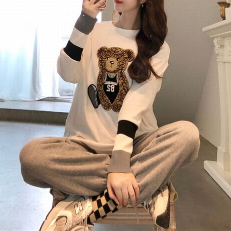 tシャツ クマちゃん ベアー 袖リブニット クルーネック 裏起毛 トップス ゆったり 長袖 レトロ 韓国ファッション レディース 大人可愛い ガーリー フェミニン DTC-659982367382