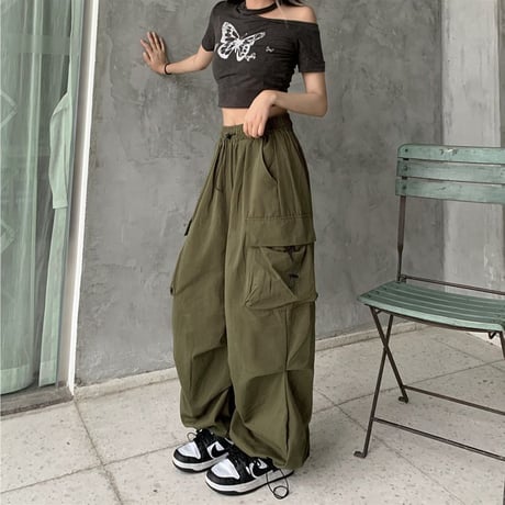 カーゴパンツ ワイドパンツ ミリタリーパンツ サイドポケット ウエストゴム レトロ 韓国ファッション レディース 大人可愛い ガーリー カジュアル DTC-678981935040