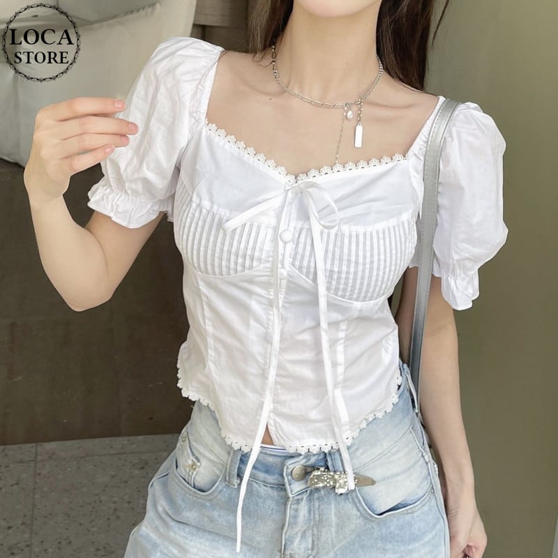 ブラウス リボン レース スクエアネック パフスリーブ ショート丈