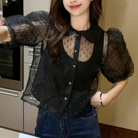 インナー付き シースルー ブラウス シャツ ボリューム袖 パフスリーブ 襟付き 半袖 レトロ 韓国ファッション レディース 大人可愛い ガーリー フェミニン DTC-674662565798