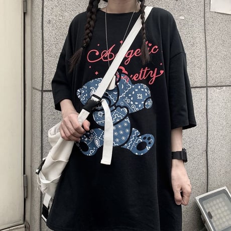 ユニセックス tシャツ ハート クマちゃん ベアー ルーズ 韓国ファッション メンズ レディース オーバーサイズ 大きめ カジュアル ストリート系 DTC-641736753814