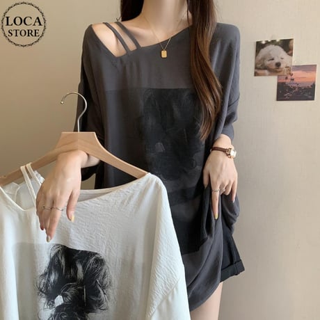ワンショルダー Tシャツ オーバーサイズ トップス 半袖 肌見せ アシンメトリー レトロ 韓国ファッション レディース 大人可愛い ガーリー DTC-794701244884