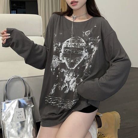 tシャツ 長袖 オーバーサイズ ドロップショルダー ロンt クルーネック トップス ルーズ レトロ 韓国ファッション レディース 大人可愛い ガーリー DTC-735331608484