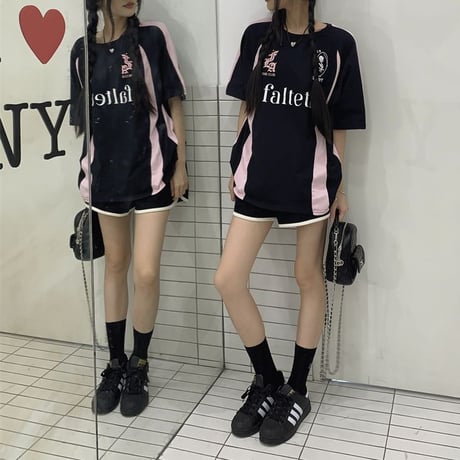 Tシャツ ユニフォーム風 オーバーサイズ サイドライン バイカラー トップス 半袖 レトロ 韓国ファッション レディース 大人可愛い ガーリー スポーツミックス DTC-802941498047