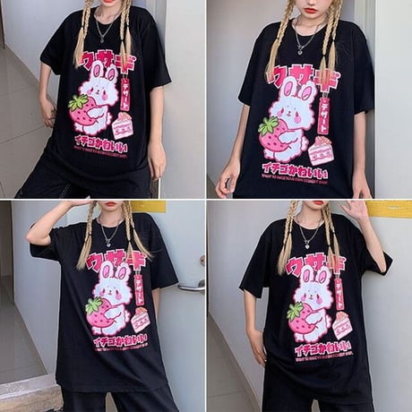【2カラー】 ユニセックス Tシャツ ウサギ イチゴ 半袖 オーバーサイズ カジュアル 大きいサイズ 韓国ファッション メンズ レディース ストリート系ファッション DTC-624078971889