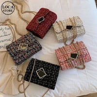 ウールクロスバッグ チェック ショルダーバッグ ミニバッグ ストラップ チェーンストラップ 斜めがけ 韓国ファッション シンプル 肩掛け シンプル マグネット 鞄 DTC-599975180612