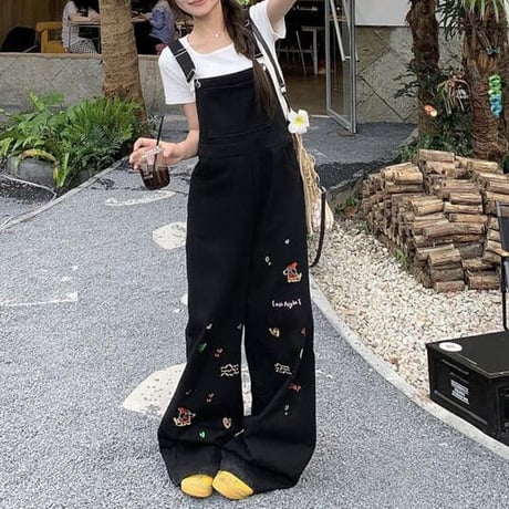 デニム サロペットパンツ オーバーオール 刺繍入り オールインワン ハイウエスト ルーズ レトロ 大人可愛い ガーリー カジュアル DTCA-923017340796