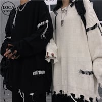 ユニセックス ダメージ加工 ニット ドロップショルダー セーター オーバーサイズ 韓国ファッション メンズ レディース ビター系 ストリート系ファッション DTC-630242686847