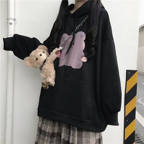 くまちゃん プルオーバー パーカー 起毛 韓国ファッション レディース ビッグパーカー オーバーサイズ ボリューム袖 ストリート DTC-607159777868