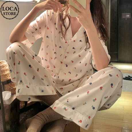 花柄 ルームウェア パジャマ セットアップ 半袖 ウエストゴム 部屋着 上下セット 韓国ファッション レディース 大人可愛い ガーリー フェミニン DTC-679682038500