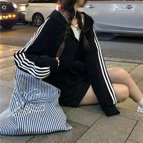セットアップ サイドライン パーカー ミニスカート 長袖 ゆったり ルーズ 上下セット レトロ カジュアル 韓国ファッション レディース 大人可愛い ガーリー DTC-738691849961