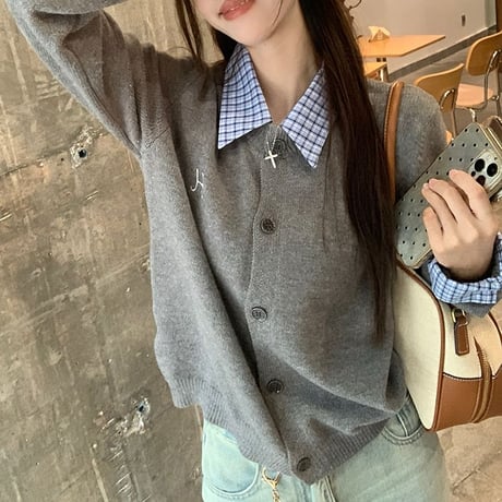 フェイクレイヤード ニット トップス チェック柄 刺繍ロゴ トップス 長袖 レトロ 韓国ファッション レディース 大人可愛い ガーリー DTCA-833712372783