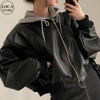 PU フード付き レザーブルゾン フェイクレザー ジップアップ アウター ブルゾン ジャンパー PUレザー オーバーサイズ ゆったり レトロ カジュアル DTCA-848636566389