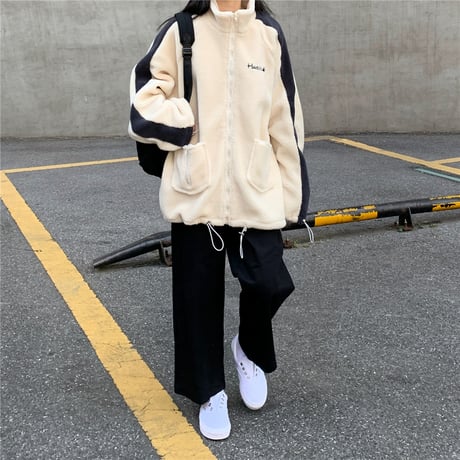 ボアブルゾン アウター 韓国ファッション レディース フリース もこもこ あったか フロントジッパー ファスナー 長袖 ゆったり シンプル レトロ ガーリー (DTC-604853811164)