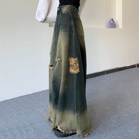 デニムスカート ヴィンテージ風 ダメージ加工 フリンジ 切りっぱな裾 Aライン ハイウエスト デニム ロングスカート レトロ 大人可愛い ガーリー カジュアル DTCA-738580370386