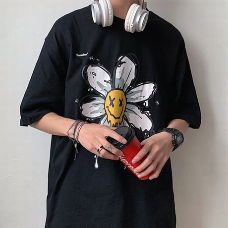 ユニセックス 半袖 Tシャツ メンズ レディース 落書き風 英字 フラワープリント オーバーサイズ 大きいサイズ ルーズ ストリート TBN-613570312634