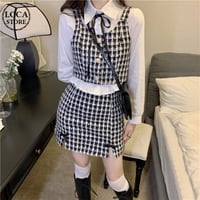 セットアップ 3点セット ボウタイ ブラウス 千鳥格子 チェック柄 ベスト スカート クロップド丈 ハイウエスト リボン レトロ 大人可愛い ガーリー フェミニン DTC-666642582085